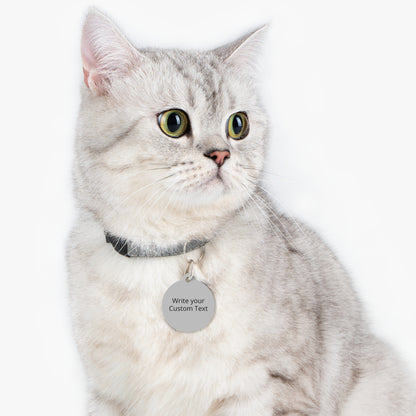 Cat wearing a collar with a name tag on a white background