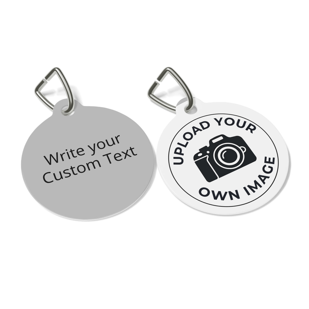 Two customizable pet tags, one for text and one for uploading images, on a white background.