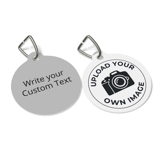 Two customizable pet tags, one for text and one for uploading images, on a white background.