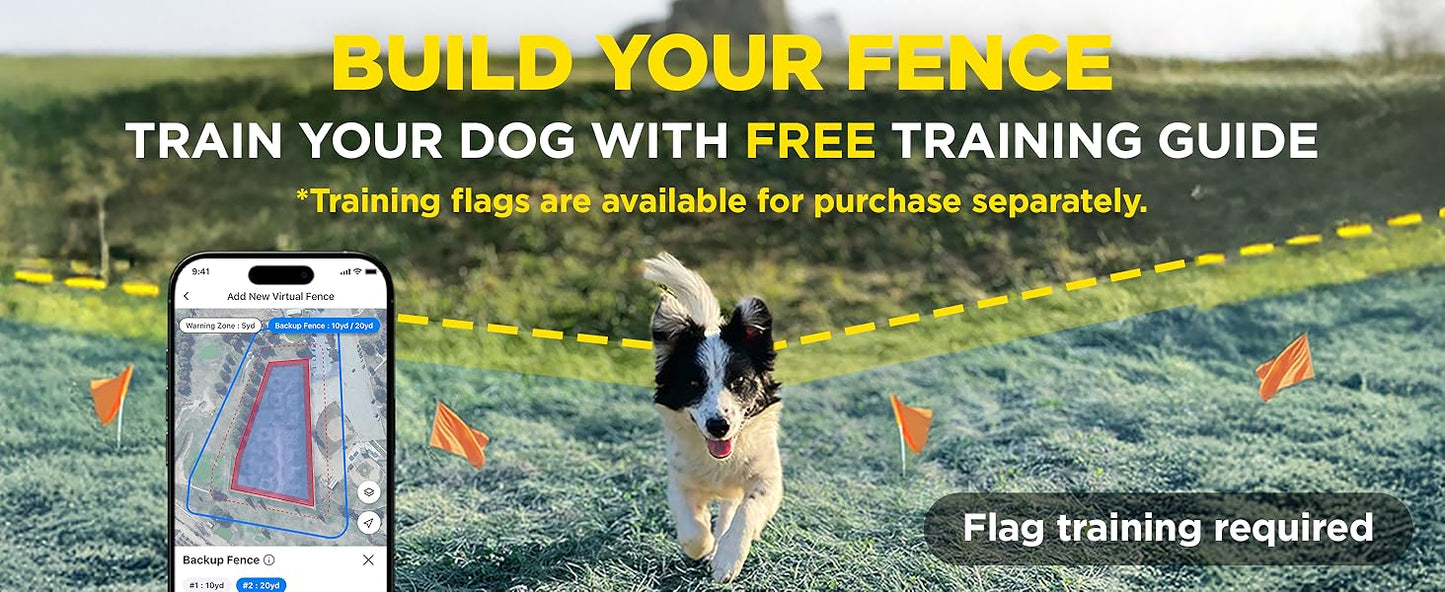 Dog running on grass with a smartphone app displaying a training map, promoting free training guide and flag training.