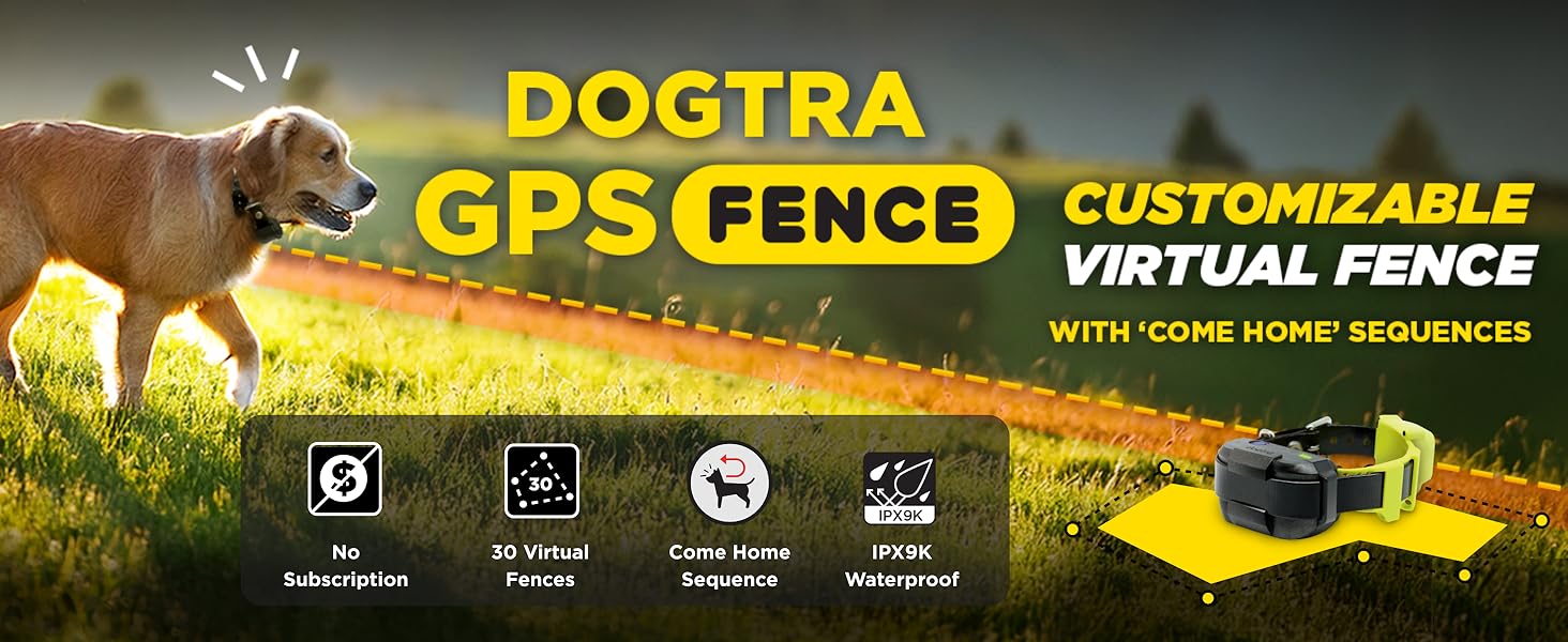 Advertisement for Dogtra GPS Fence with a dog in a field and product features listed.