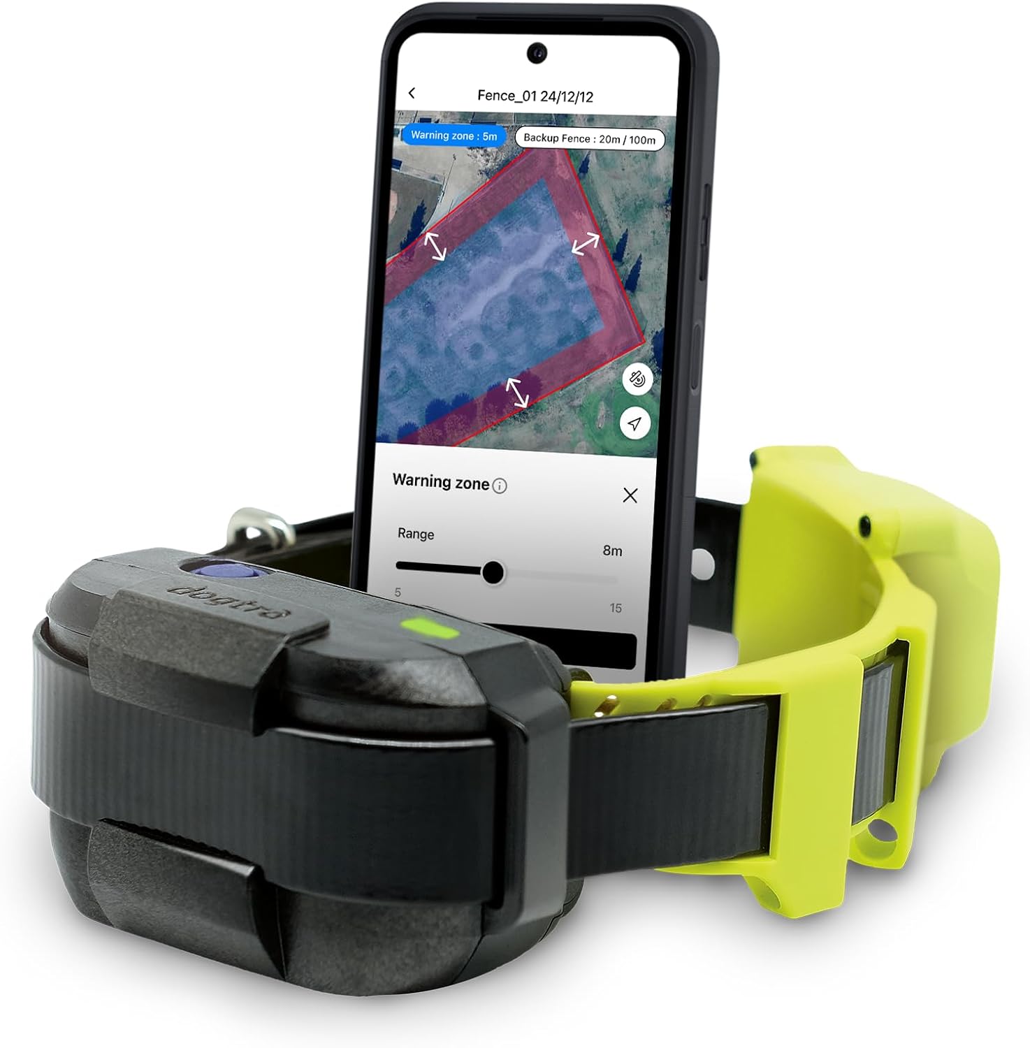 Dog collar with GPS device and smartphone displaying a map app on a white background
