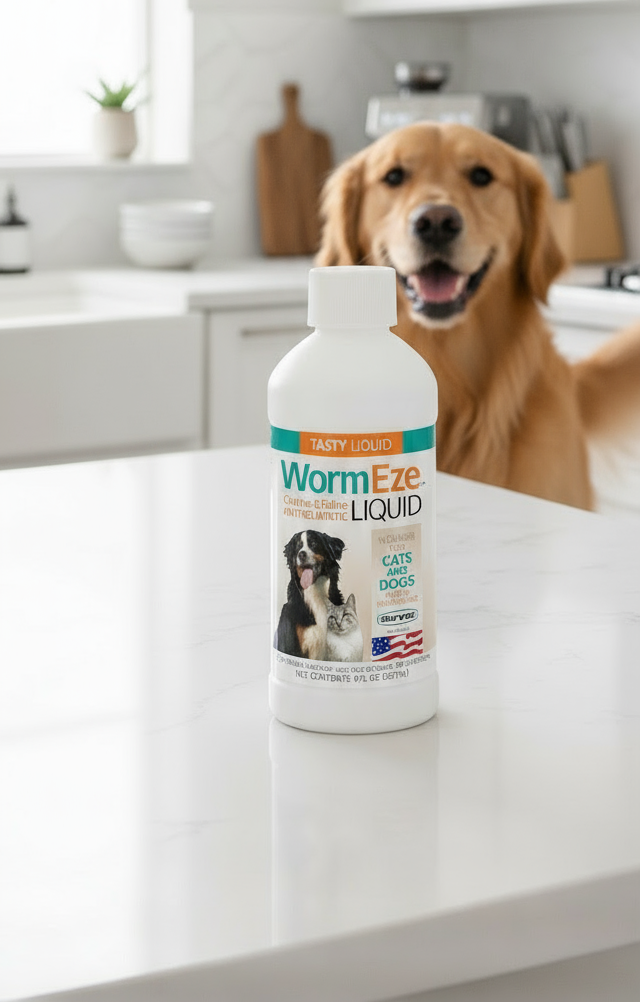 Bottle of WormEze Liquid on a kitchen counter with a dog in the background