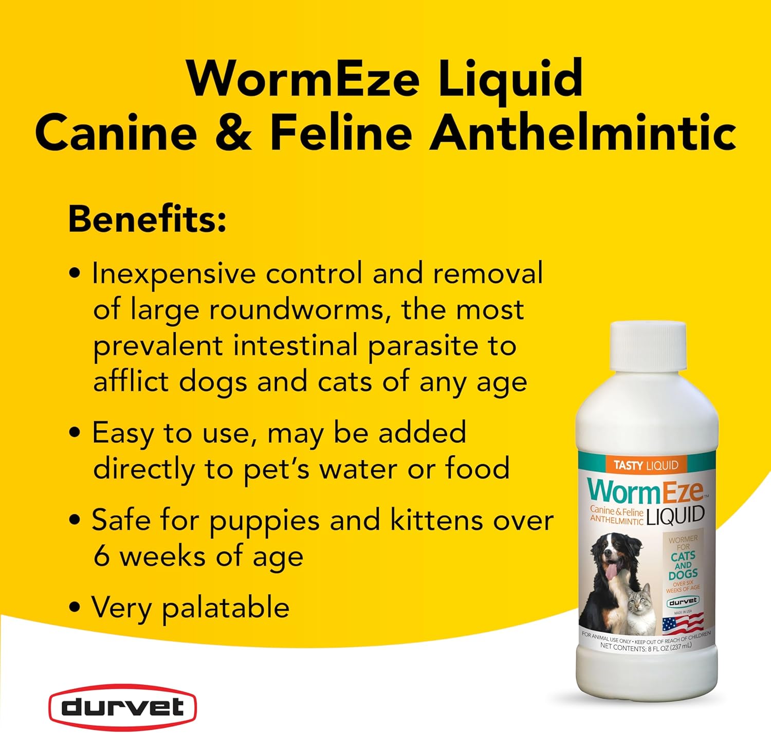 WormEze Liquid Canine & Feline Anthelmintic bottle with benefits listed on a yellow background