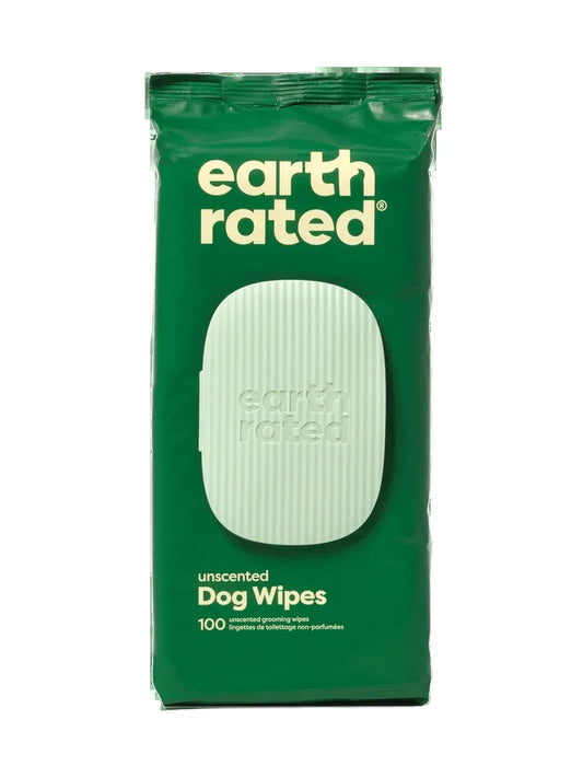Pack of earth rated unscented dog wipes on a white background