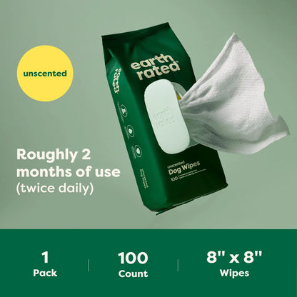Earth Rated Dog Grooming Wipes — Unscented, 100 Count