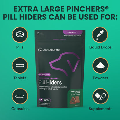 VetriScience Pinchers Extra Large Pill-Hiding Dog Treats — Peanut Butter, 25 Count | Non-Greasy Chews with Probiotics for Large Pills & Capsules