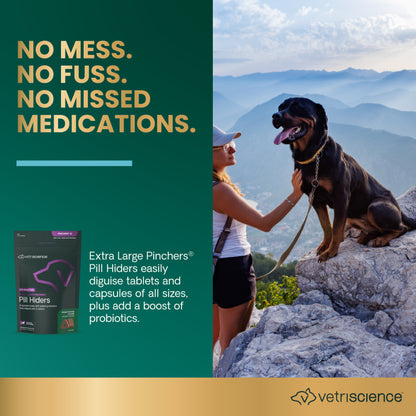 VetriScience Pinchers Extra Large Pill-Hiding Dog Treats — Peanut Butter, 25 Count | Non-Greasy Chews with Probiotics for Large Pills & Capsules