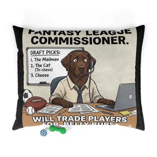 Pillow with a cartoon dog as a fantasy league commissioner on a white background
