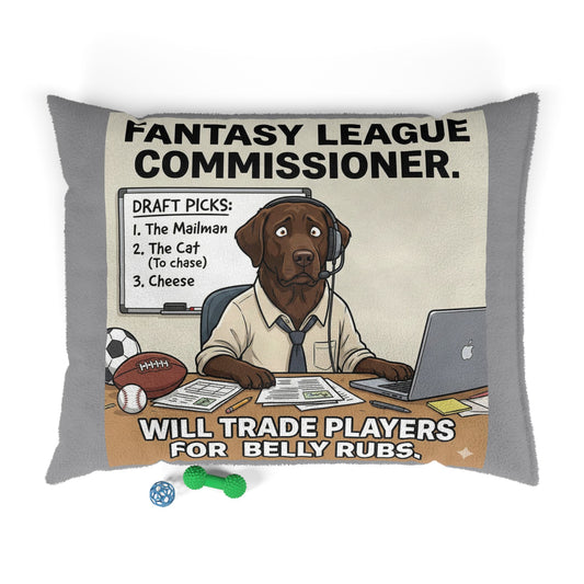 Pillow with a cartoon dog as a fantasy league commissioner on a white background