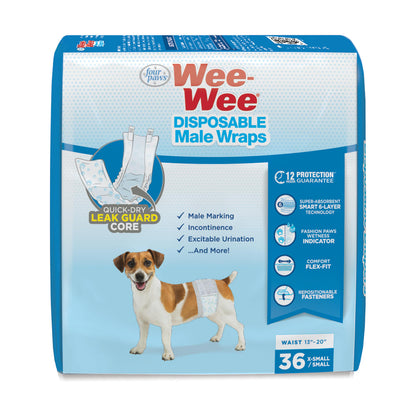 Four Paws Wee-Wee Disposable Male Dog Wraps — X-Small/Small, 36 Count | 12-Hour Leak Protection for Marking & Incontinence