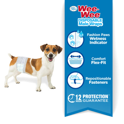 Four Paws Wee-Wee Disposable Male Dog Wraps — X-Small/Small, 36 Count | 12-Hour Leak Protection for Marking & Incontinence