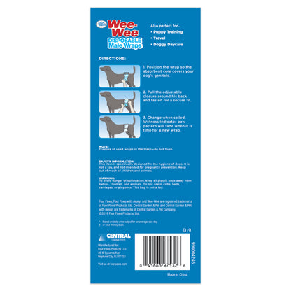 Four Paws Wee-Wee Disposable Male Dog Wraps — X-Small/Small, 36 Count | 12-Hour Leak Protection for Marking & Incontinence