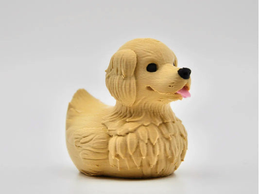 Dog-shaped rubber duck on a white background