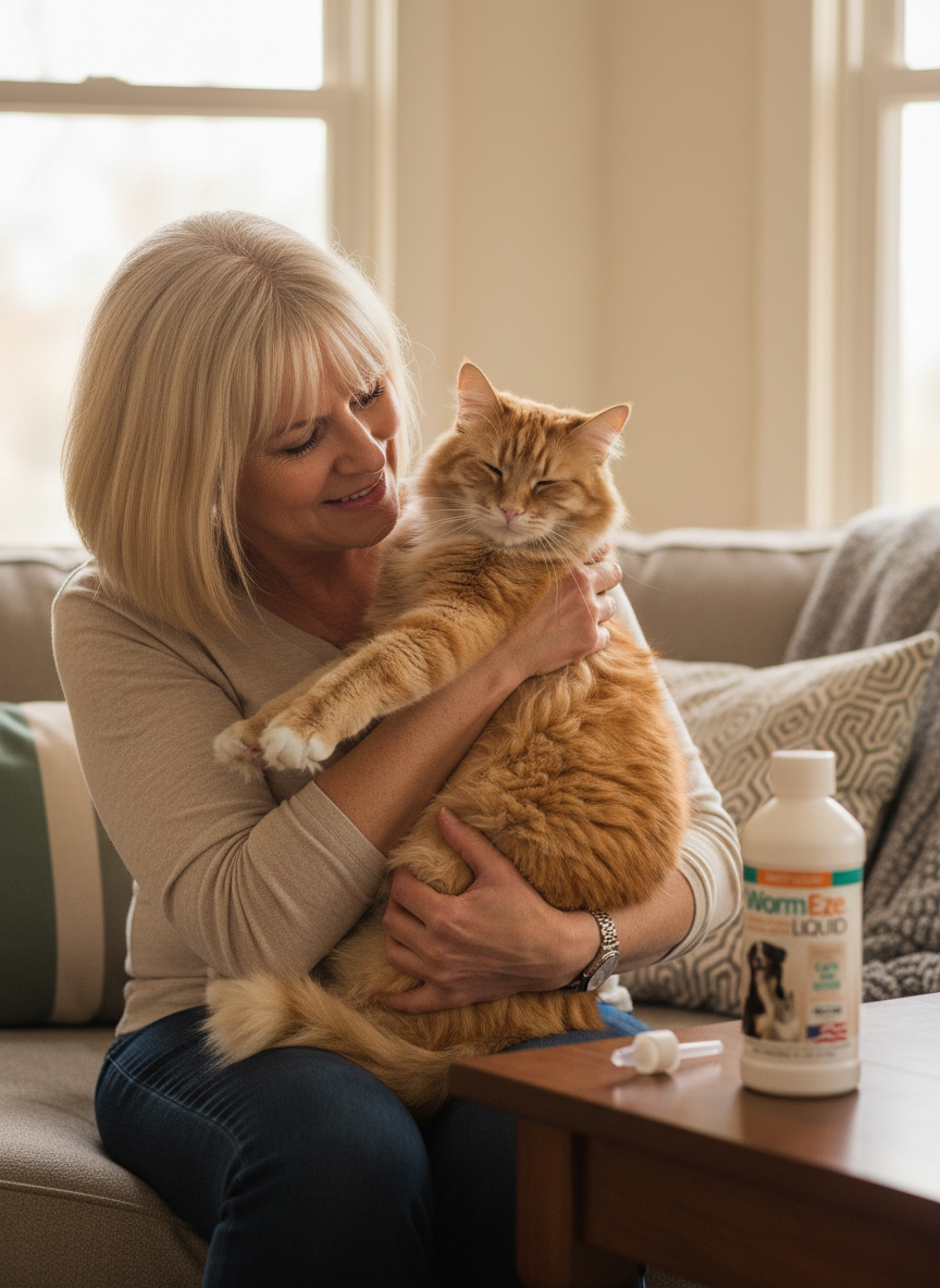 Woman holding an orange cat in a living room with a bottle of wormeze liquid cat and dog dewormer on the table.