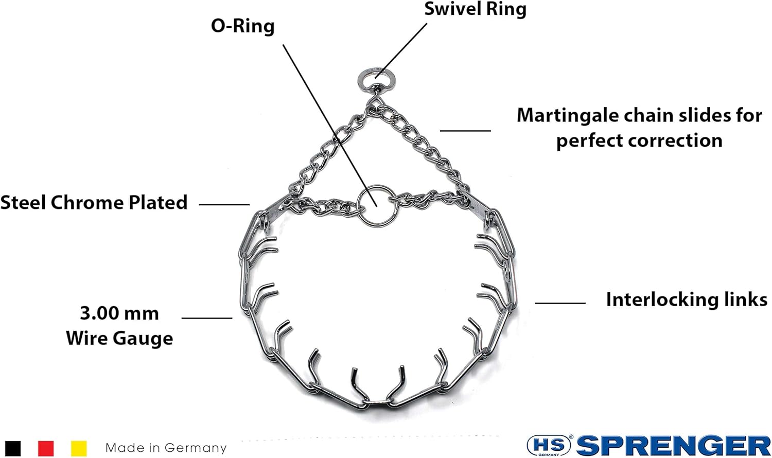 Diagram of a Herm Sprenger chain with labeled features and Sprenger branding. Dog Collar.