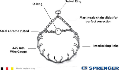 Diagram of a Herm Sprenger chain with labeled features and Sprenger branding. Dog Collar.