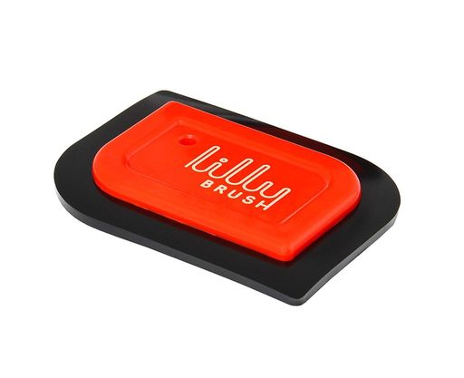 Red and black brush holder with 'lillybrush' branding on a white background