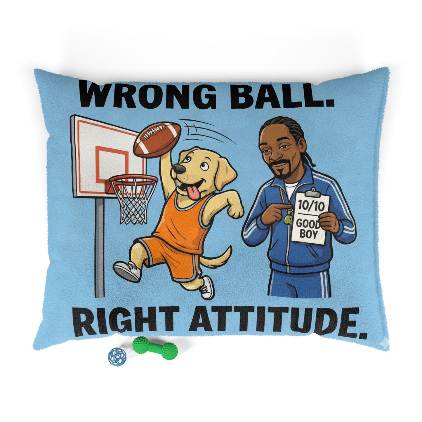 Pillow with cartoon dog and man playing basketball, text 'Wrong Ball. Right Attitude.'