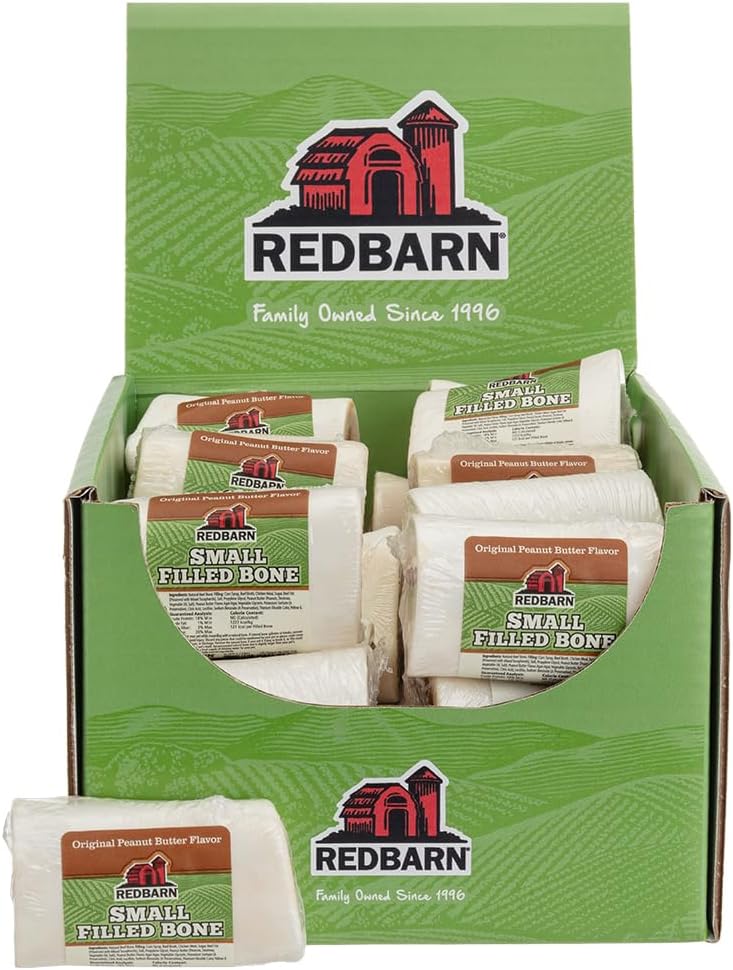 Redbarn pet product display with green packaging and visible branding.