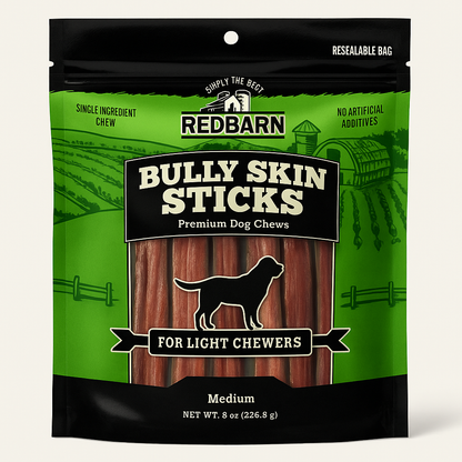 Redbarn Bully Skin Sticks packaging for light chewers on a white background