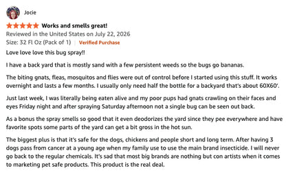 A customer review text and star rating for a bug spray product, with a small product photo showing a white bottle with a red cap. The review is written by 'Jocie' and contains a detailed testimonial about using the spray in a yard to control bugs and deodorize the area.