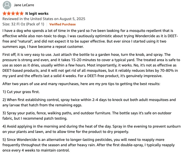 A customer review on a website for a mosquito repellent bottle. The review is written by Jane LC and shows a 4-star rating with a date of August 5, 2025.