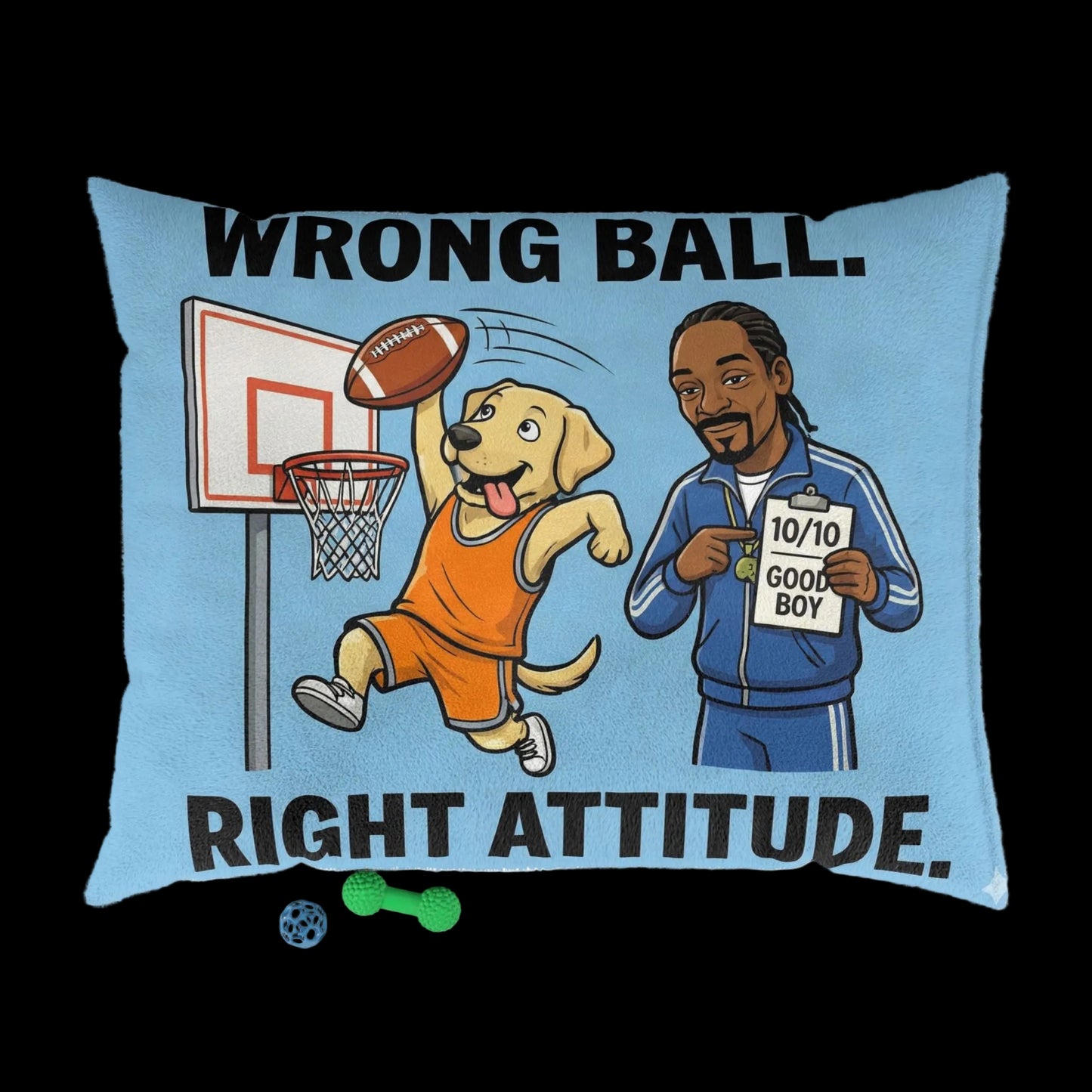 Pillow with cartoon dog and man playing basketball, text 'Wrong Ball. Right Attitude.'