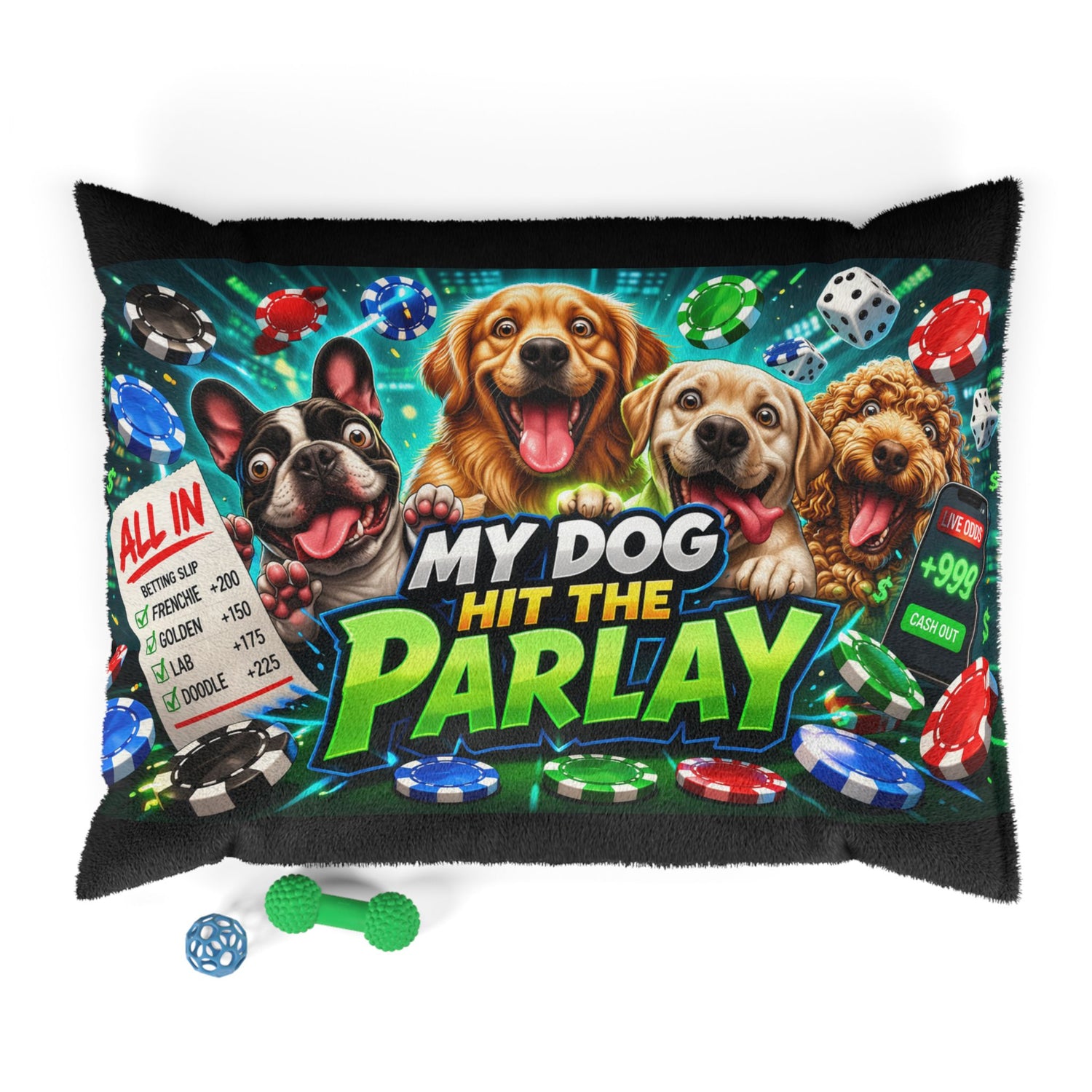 Decorative pillow with dogs and gambling-themed graphics on a white background