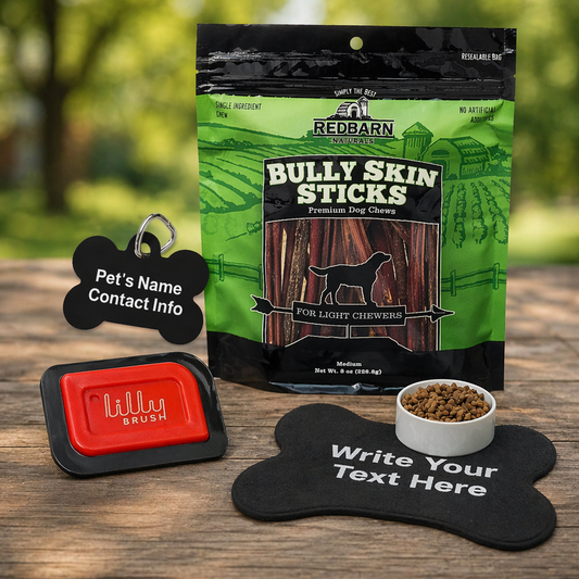Packaging of Redbarn Bully Skin Sticks with pet accessories on a wooden surface.