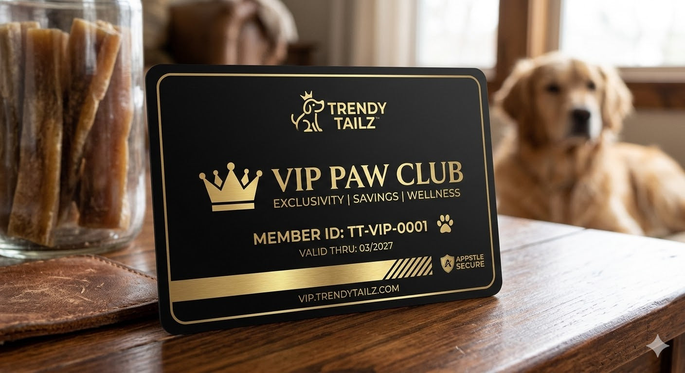 Trendy Tailz VIP Paw Club card on a wooden surface with a dog in the background