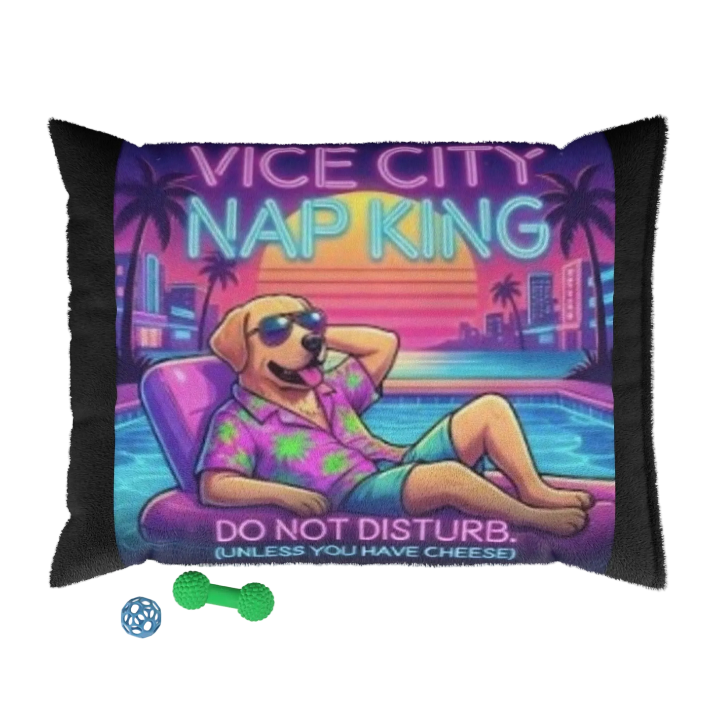 Decorative pillow with a dog design and 'Vice City Nap King' text on a colorful background.