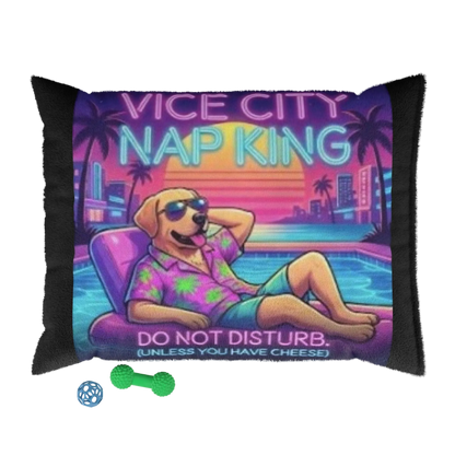 Decorative pillow with a dog design and 'Vice City Nap King' text on a colorful background.