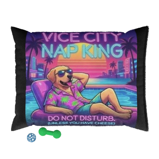 Decorative pillow with a dog design and 'Vice City Nap King' text on a colorful background.