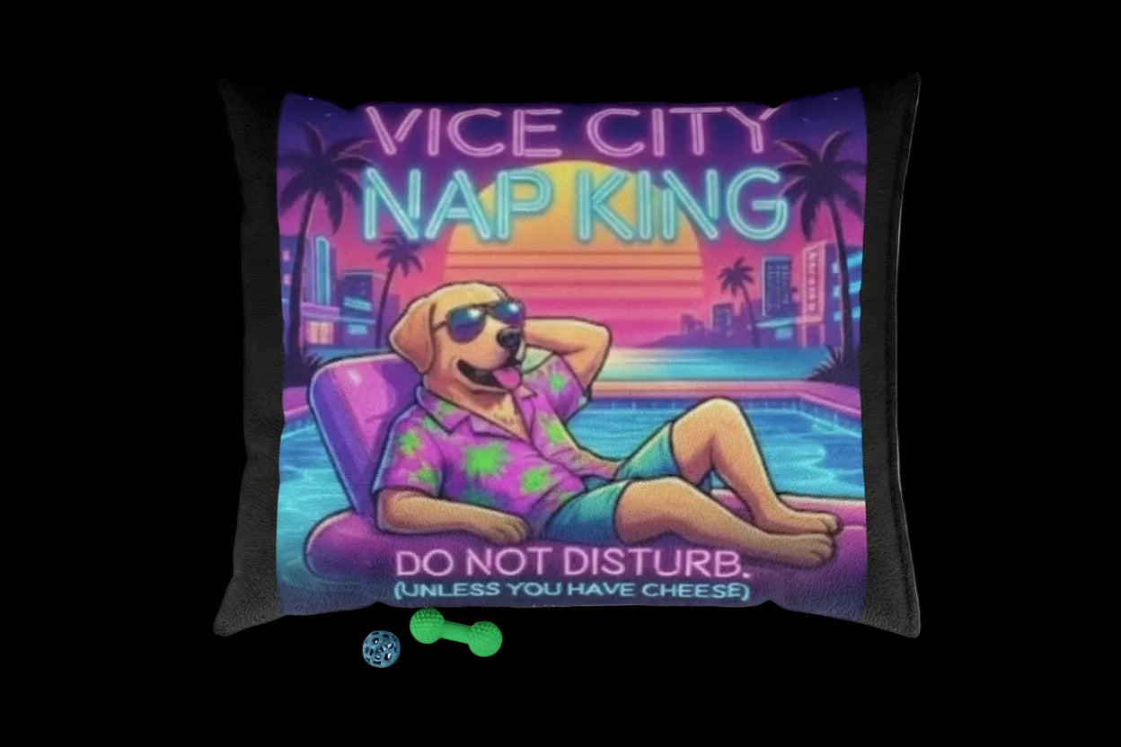 Decorative pillow with a dog in a poolside scene and 'Vice City Nap King' text.