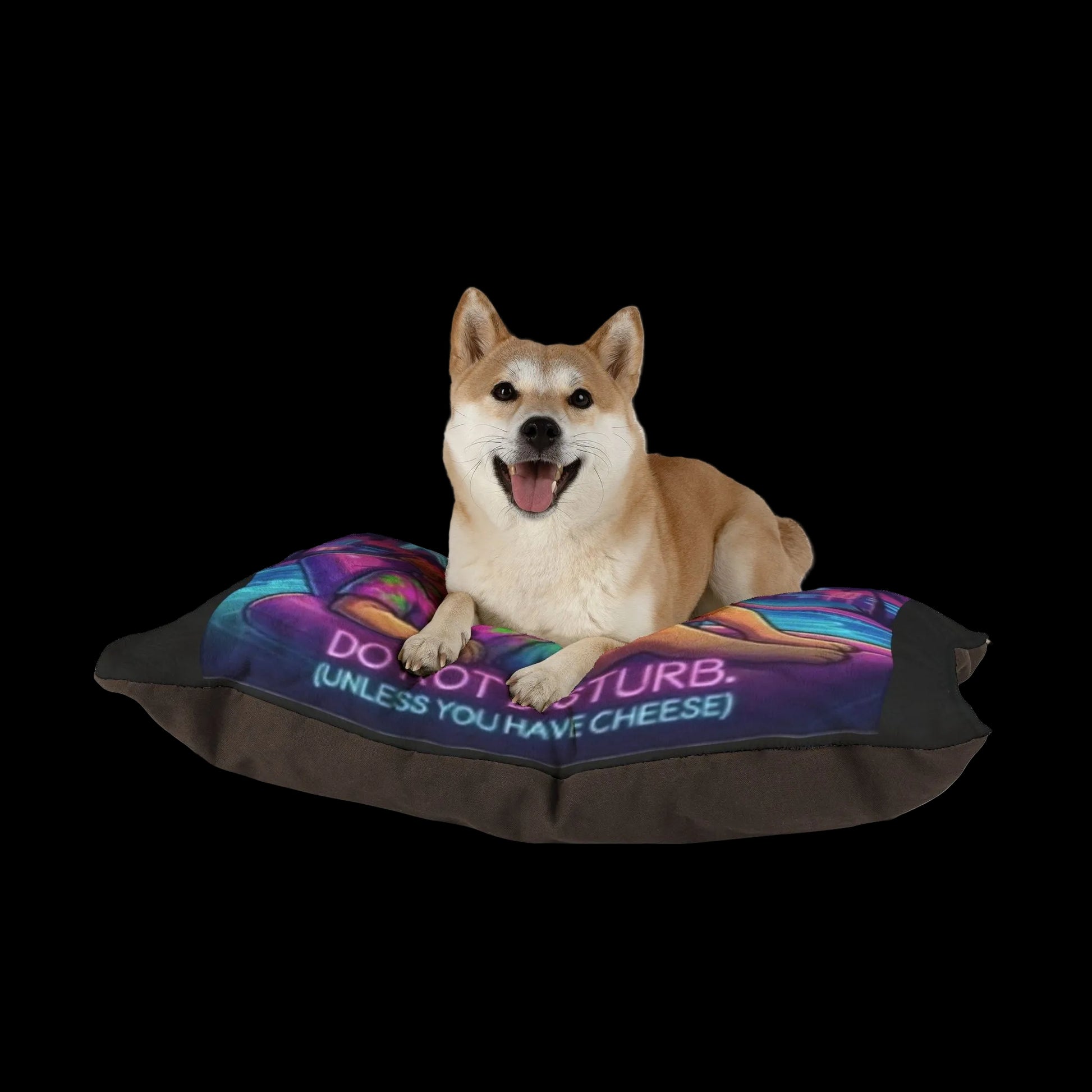 Dog sitting on a colorful pet bed with text
