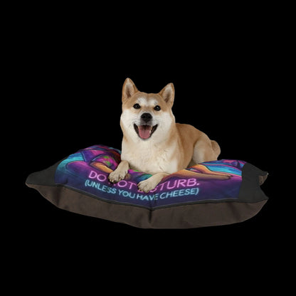 Dog sitting on a colorful pet bed with text