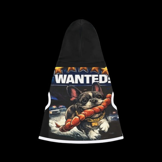 Dog hoodie with a 'Wanted' design featuring a dog holding a large sausage.