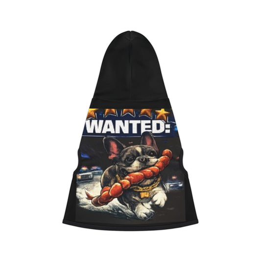 Black pet coat with a dog graphic and 'WANTED' text on a white background
