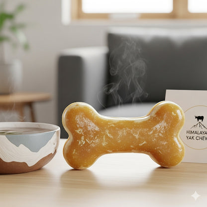 Dog bone-shaped chew treat with steam, a bowl, and a box labeled 'Himalayan Yak Chew' on a wooden surface.