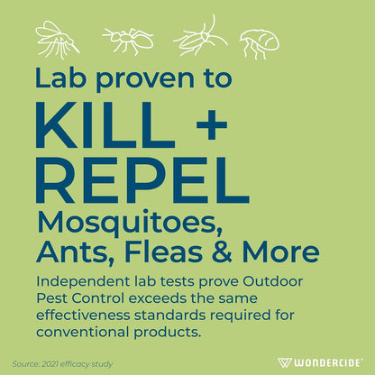 Advertisement for outdoor pest control with text and icons on a green background