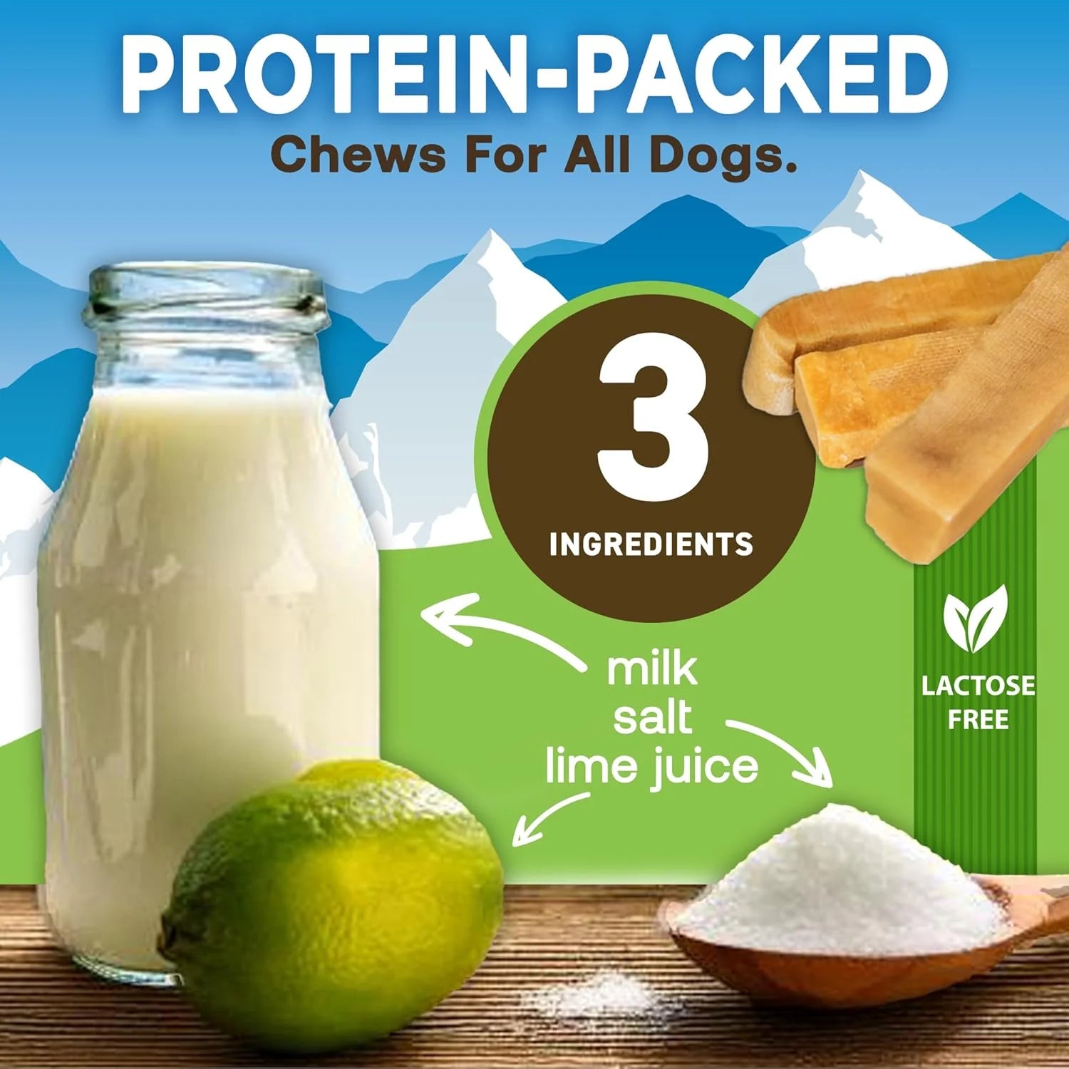 Protein-packed chews for dogs with ingredients displayed on a wooden surface.