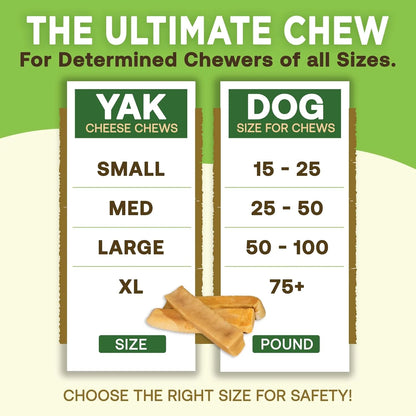 Yak cheese chews size chart for dogs with green and white background