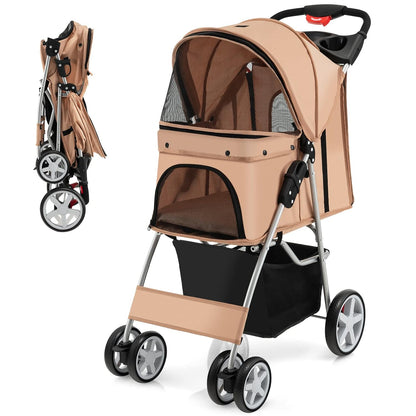 Foldable Pet Stroller for Small & Medium Dogs, Cats, Puppies - 4 Lockable Wheels, Travel-Friendly Carrier with Safety Belt, Removable Liner, Storage Basket - Lightweight & Durable