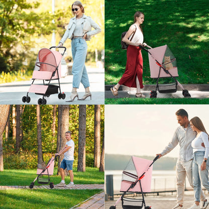 Foldable Pet Stroller for Small & Medium Dogs and Cats - Travel Carrier with Storage Basket, Safety Tether & Easy Fold Design, Ideal for Walking or Strolling