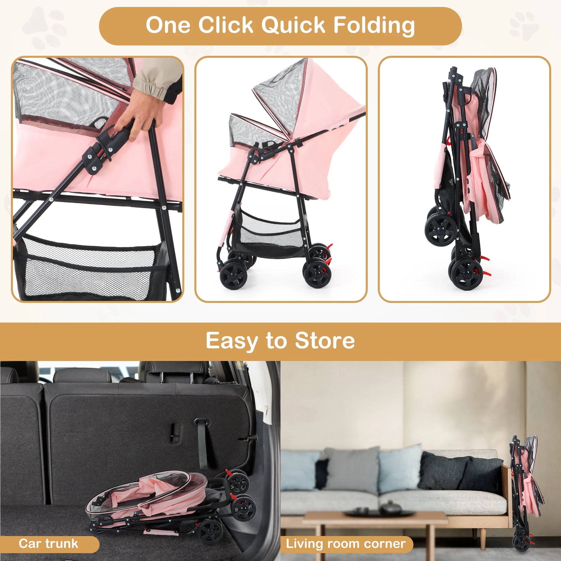 Foldable Pet Stroller for Small & Medium Dogs and Cats - Travel Carrier with Storage Basket, Safety Tether & Easy Fold Design, Ideal for Walking or Strolling