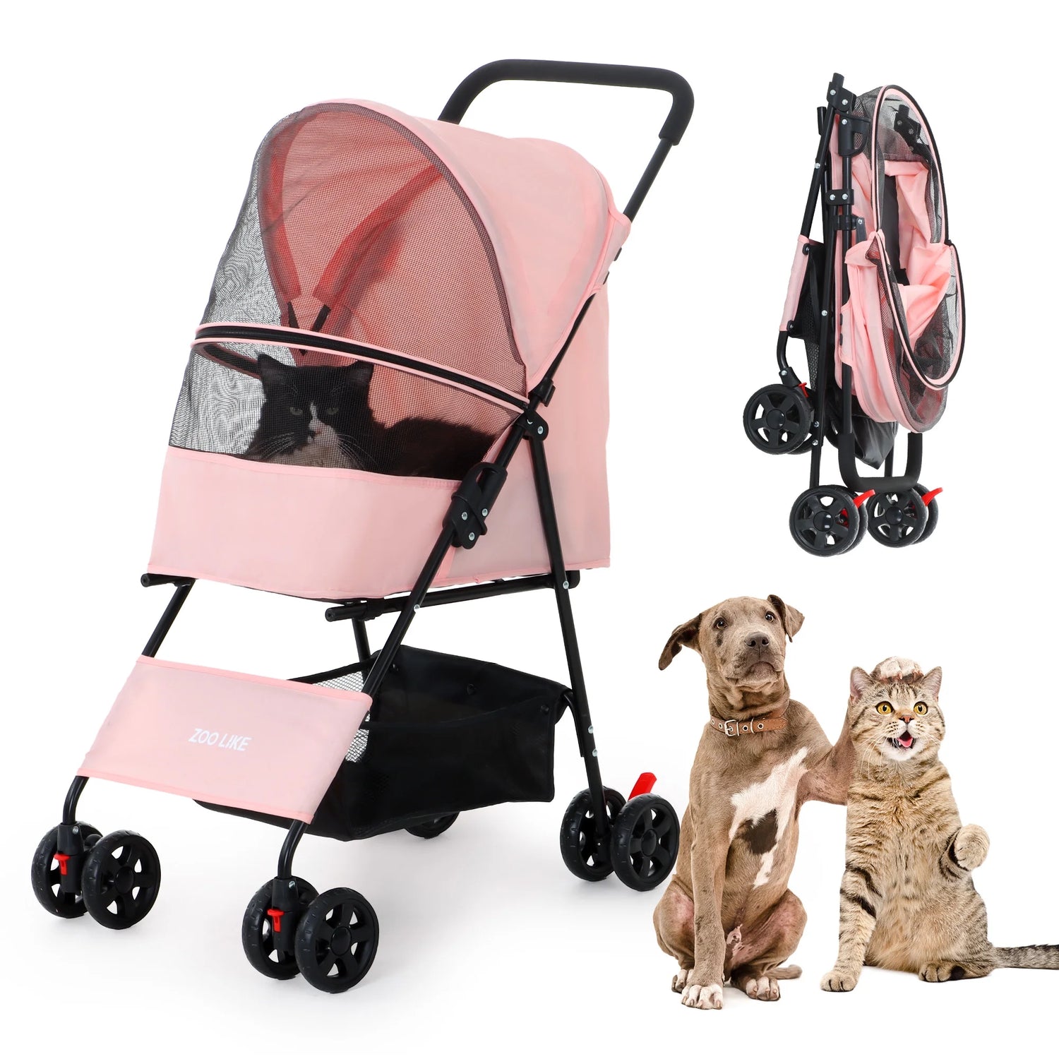 Foldable Pet Stroller for Small & Medium Dogs and Cats - Travel Carrier with Storage Basket, Safety Tether & Easy Fold Design, Ideal for Walking or Strolling