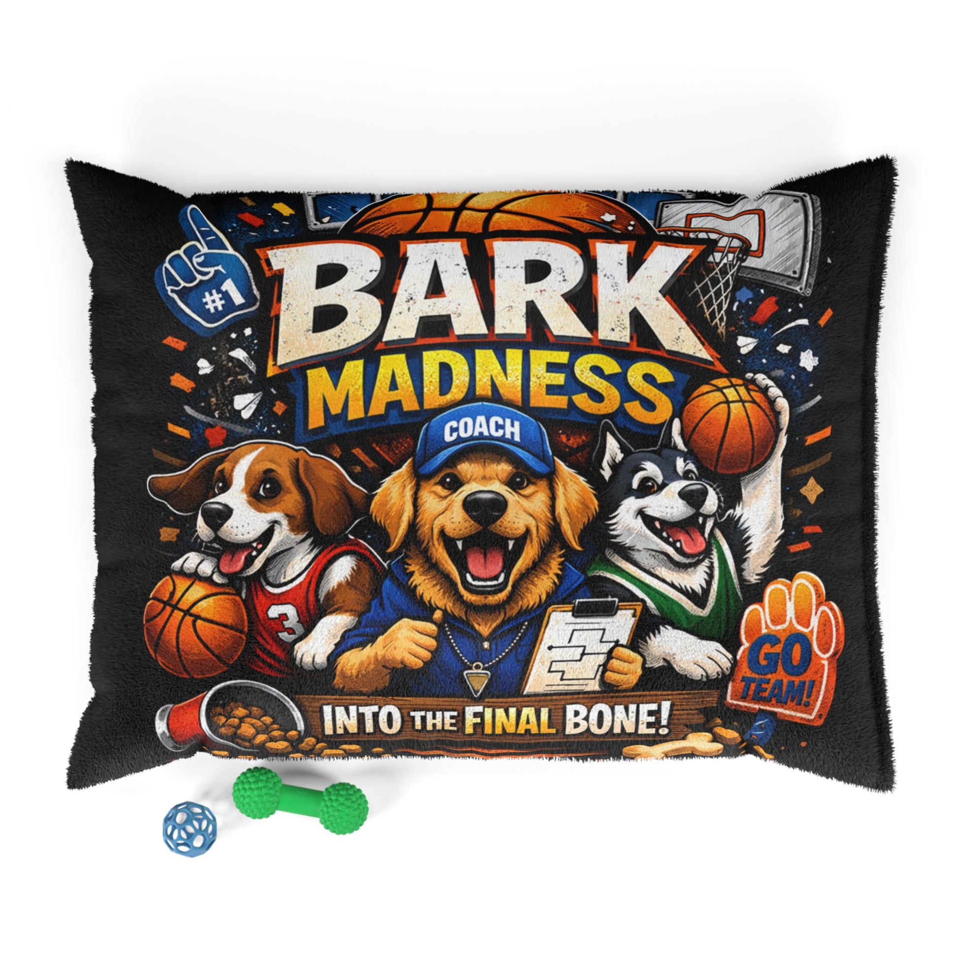 Decorative pillow with cartoon dogs playing basketball, text 'Bark Madness', and sports-themed graphics on a black background.
