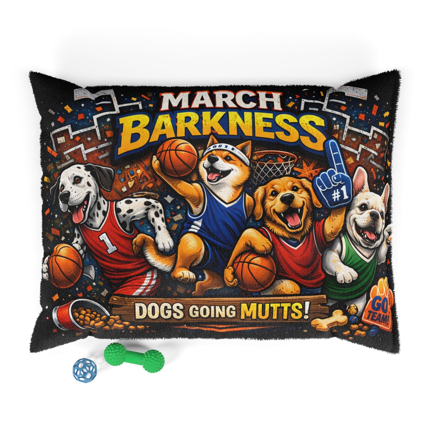Decorative pillow with cartoon dogs playing basketball and text 'March Barkness: Dogs Going Mutts!' on a white background.