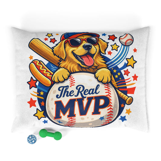 Pillow with a dog holding a baseball bat and the text 'The Real MVP' on a white background.